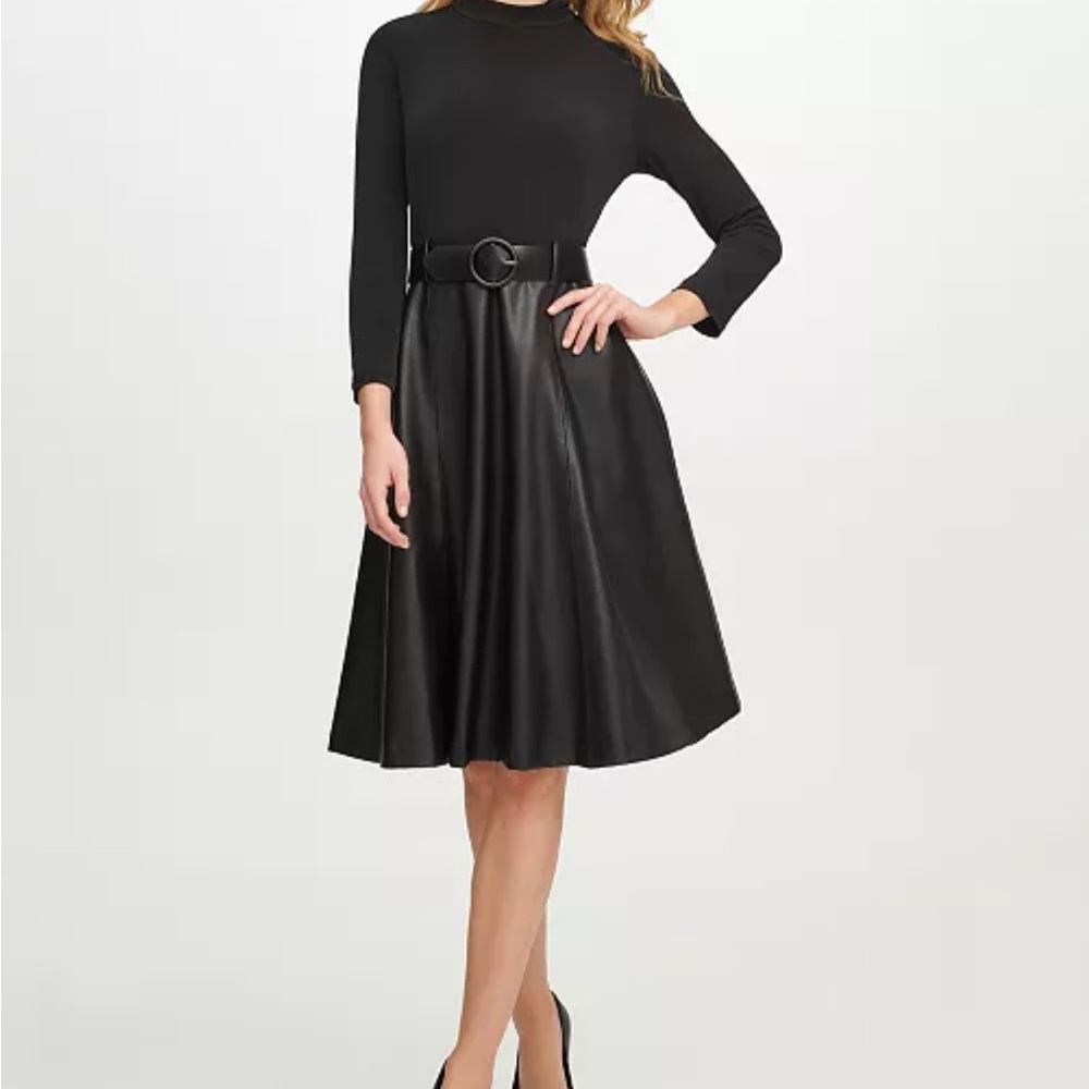 Calvin Klein Mixed Media Faux Leather Black Dress with Belt | Size 14